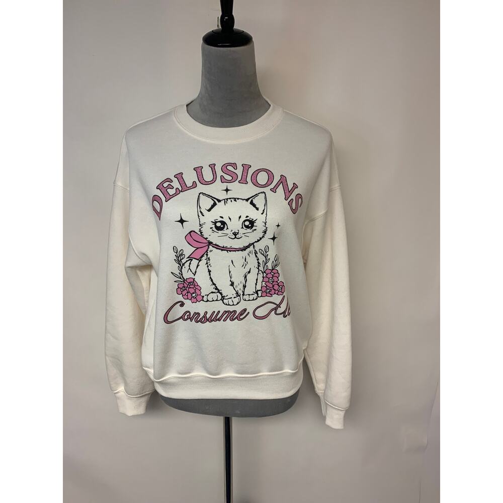 Wound-Up Sweatshirt Cat Glitter Whimsical Cute Unique Fun Novelty Juniors SZ XS